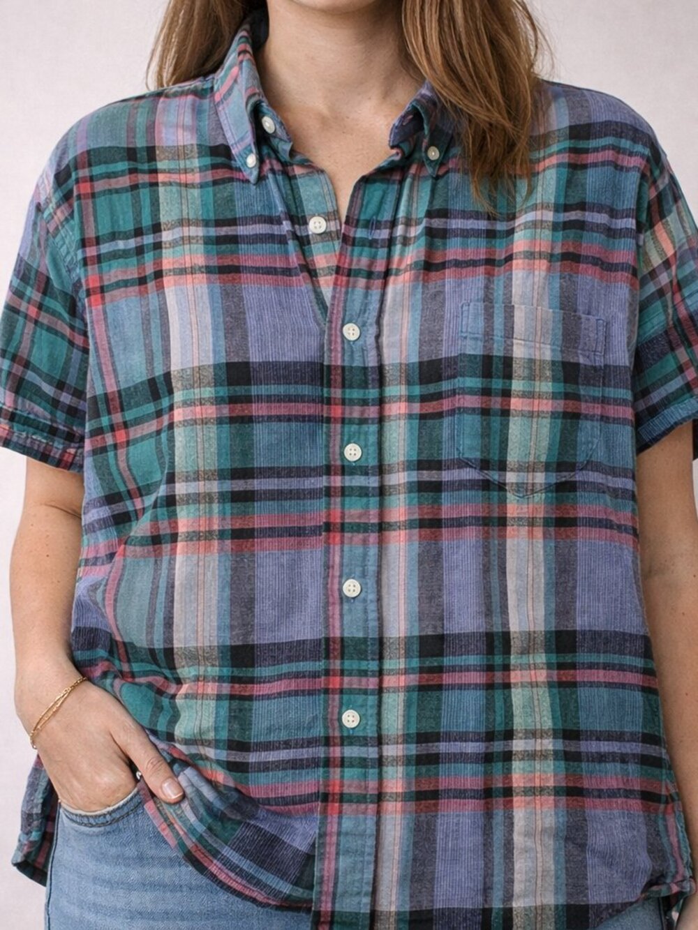 Basic Equipment Plaid Button Up Shirt XL Cotton Flannel Green Blue Pink Womens